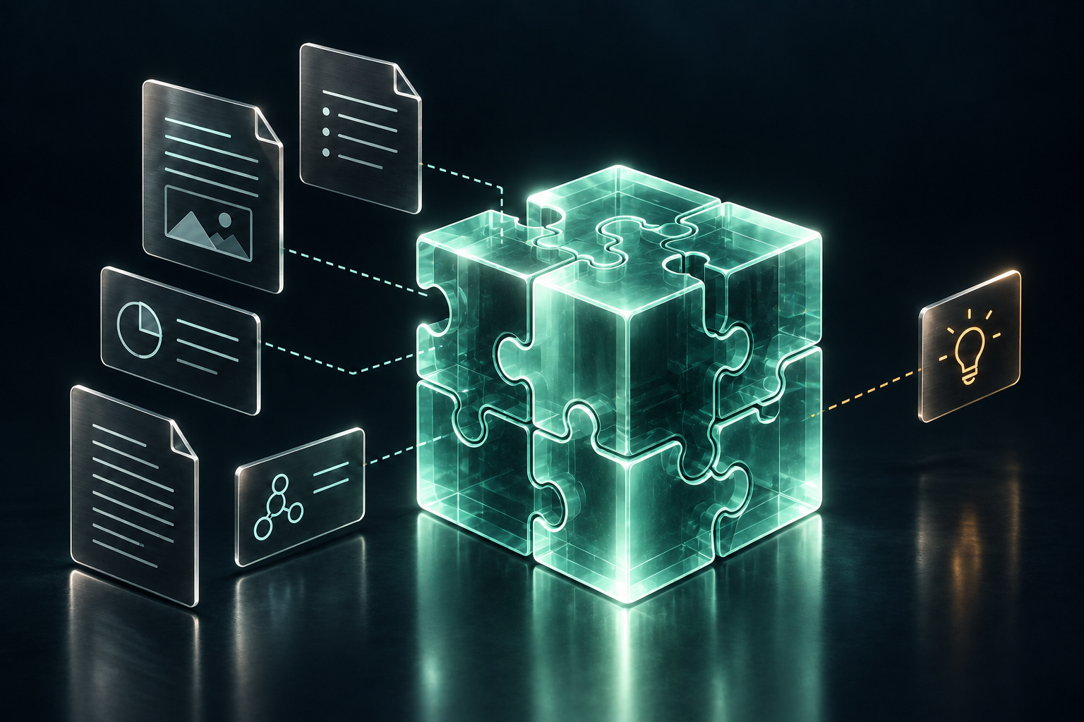 Documents and records assemble into a glass puzzle cube of company context, with one piece connecting outward.