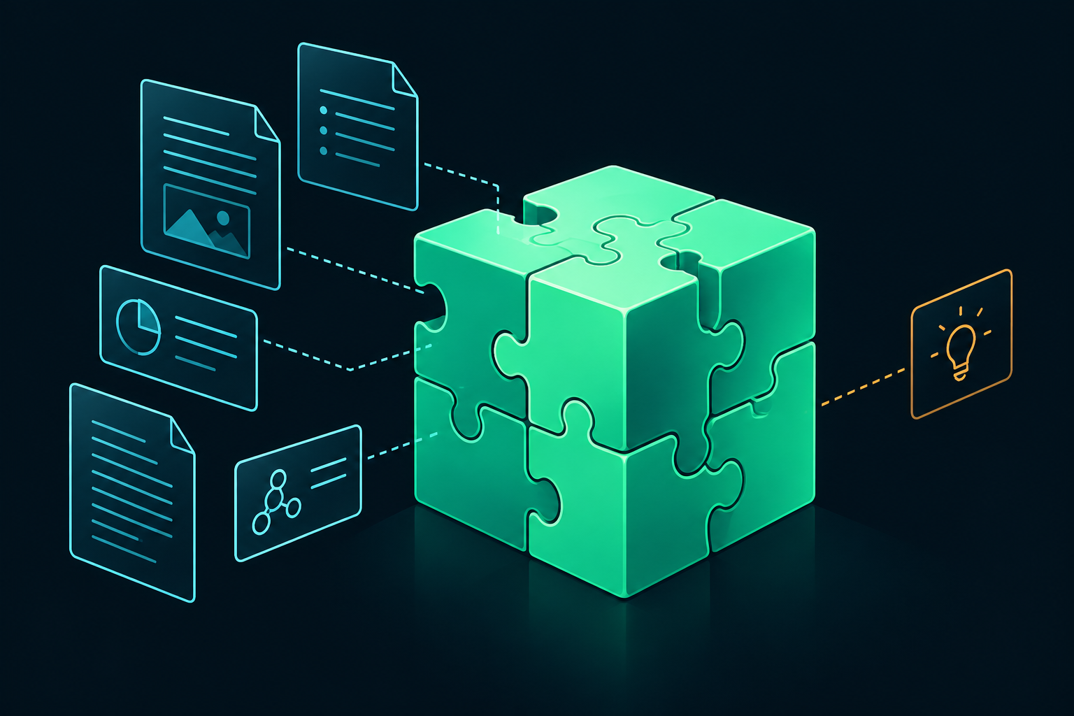 Scattered documents and records resolve into an assembled green core, with an insight leaving it on the far side.