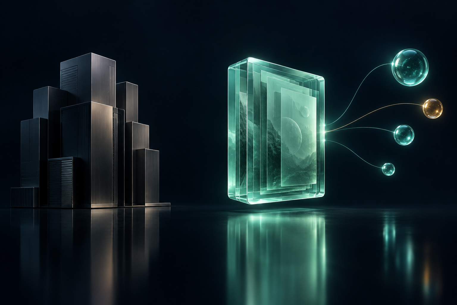A mint context layer sits apart from a graphite production environment, with agent orbs beside the context layer.